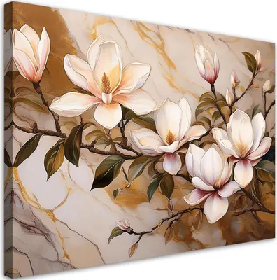 Produktbild von Leinwandbild Magnolien Blumen Pflanzen Marmor Gold 120x80 Feeby Beige bild für die wand bereit zum aufhängen