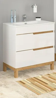 Produktbild von Badmöbel Set SPEK 80 mit Waschbecken Keramik WEISS HOCHGLANZ / EICHE MATT LED Waschbecken Waschbeckenunterschrank