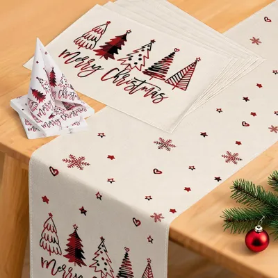 Productafbeelding van Set van tafelrunners met placemats en servetten, rood, 40x180 cm, 7-delig, waterafstotend