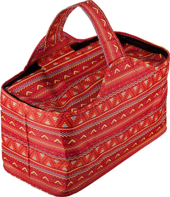 A red insulated shopping basket with a geometric pattern.
