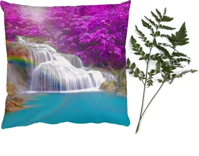 Produktbild von MuchoWow® Zierkissen Sofakissen Wohnzimmer Dekokissen 45x45 cm Wasserfall - Bäume - Regenbogen - Lila - Schlafpolster - Polster für das Sofa