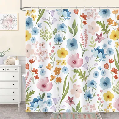 Produktbild von Duschvorhang 180 x 180 cm mit Blumen, bunten Blättern und Aquarellpflanzenmotiv, hübscher Duschvorhang, schimmelresistent, wasserdichtes Polyestergewebe, Badezimmervorhang mit 12 Duschvorhangringen