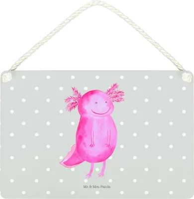 Produktbild von Mr. & Mrs. Panda Schild Axolotl Glücklich DIN A4 - Grau Pastell - Geschenk, Lurche, Motivation, Schwanzlurch, Lebensfroh, holzbild, Holzschild, Türschild, gut Gelaunt