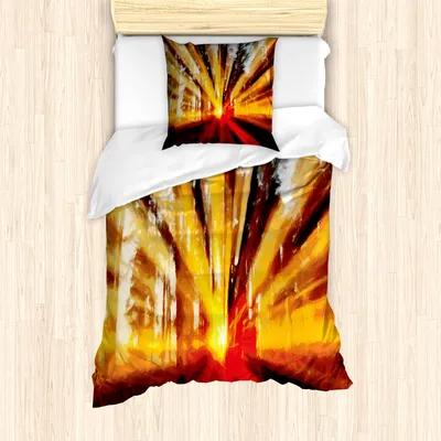 Produktbild von ABAKUHAUS Land Mantele, Sonnenuntergang im Wald, Milbensicher Allergiker geeignet mit Kissenbezügen, 135 cm x 200 cm - 80 x 80 cm, Gelb Orange