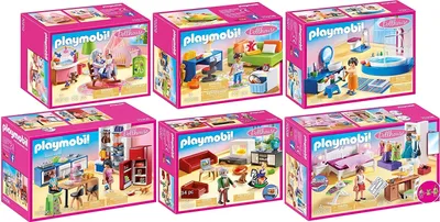 A collage of six Playmobil dollhouse playset boxes, each showcasing different room themes and figures.