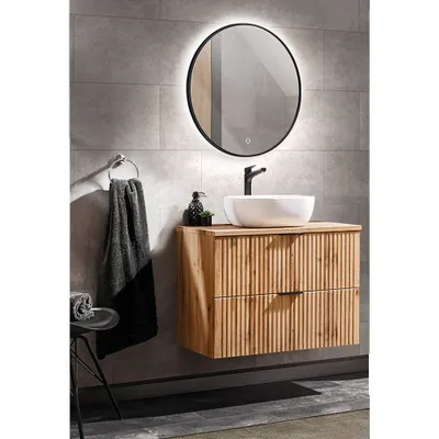 Produktbild von Badmöbel Set Wotaneiche Rillenoptik 80cm LED-Spiegel rund & Waschtisch mit Unterschrank 40 cm Keramik Waschbecken