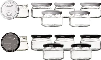 Produktbild von BigDean 12er Set Einmachgläser mit Deckel in schwarz und weiß in Homemade with love Stil - 250ml Sturzgläser Marmeladenglas
