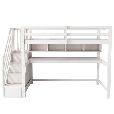 Produktbild von Merax Etagenbett 90x200cm mit Schreibtisch und Treppe, Kieferholz Kinderbett Hochbett, natürlich und weiß
