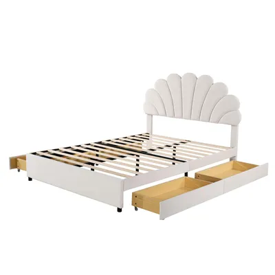 Produktbild von okwish Jugendbett Mädchenbett 140×200 cm mit 4 Ablagefächern und Lattenrost, Polsterbett Kinderbett für Jungen und Mädchen, FunktionellesDoppelbett mit Kopfteil in geblümtemform, Beige(Ohne Matratze)
