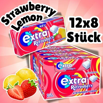 Imagen del producto de Chicles Wrigley's Extra Refreshers Sabor Fresa-Limón, sin azúcar | 12 unidades de 17,9g (96 chicles) | Sabor a fresa y limón + protección para el envío