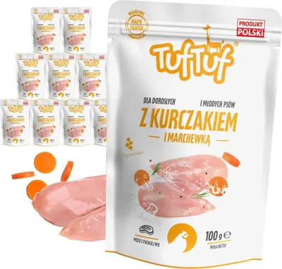 Produktbild von Tuftuf | Feuchtigkeitsspendendes Futter für Hunde - 10x100g - Hühnchenfleischwurst mit Karotten - Nassfutter für Hunde