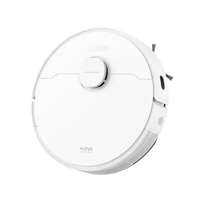 A white robot vacuum cleaner is shown from a diagonal angle against a white background.