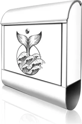 Produktbild von banjado Design Briefkasten Stahl silber mit Zeitungsfach pulverbeschichtet "Walflosse und Welle 2" 38x46x12,5cm & 2 Schlüssel - Postkasten A4 Einwurf inkl. Montagematerial [BK 13032]