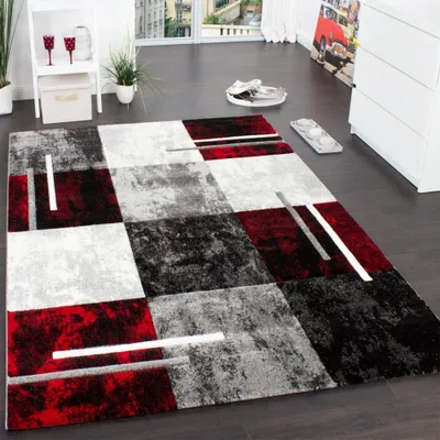 Immagine prodotto di Tappeto di design moderno con taglio sagomato Motivo a quadri Grigio Nero Rosso Dimensioni 80x300 cm