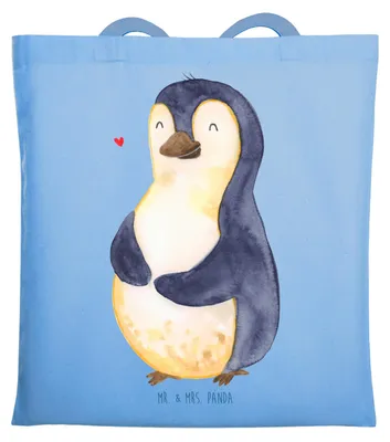 Produktbild von Mr. & Mrs. Panda Tote Bag Pinguin Diät - Sky Blue - Geschenk, Beutel, Gewicht, totebag, Jutebeutel, Pinguine, Laptoptasche, Shopping Tasche, Abnehmen