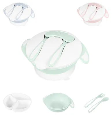 Produktbild von Kikkaboo Kinder 4in1 Schüssel-Set Löffel Gabel Teller 700ml Mikrowellen geeignet grün
