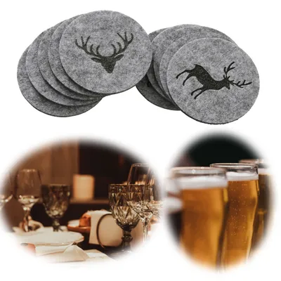Produktbild von LS-LebenStil 6x Filz Glasuntersetzer Set Hirsch Grau 10cm Rund Bierdeckel für Gläser Getränke Tassen Untersetzter Tisch-Deko