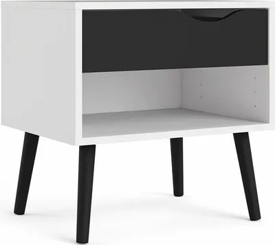 A white and black nightstand with angled legs, shown from the front.