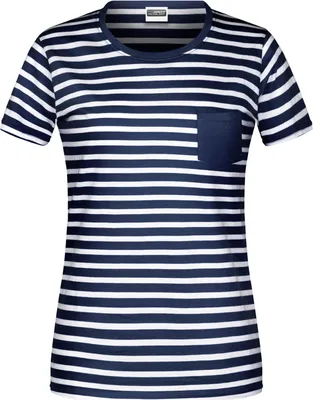 Produktbild von James & Nicholson Damen T-Shirt mit Streifen und Brusttasche - Maritim gestreiftes Kurzarm-Shirt aus Baumwolle in Navy-White Größe S
