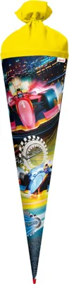 Produktbild von Schultüte groß Speed 70 cm - rund Rot(h)-Spitze Filzverschluss - Zuckertüte Schulanfang Formel 1
