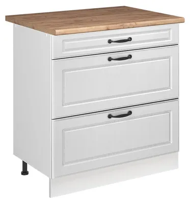 Produktbild von Küchenunterschrank Vicco R-Line Weiß Landhaus/Weiß 80 cm mit 3 Schubladen Arbeitsplatte Goldkraft Eiche, Model 72349