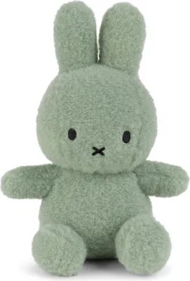A light green Miffy plush toy is shown sitting against a white background.