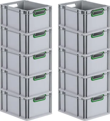 Produktbild von SparSet 10x Eurobox NextGen Color | HxBxT 22x30x40cm | 20 Liter | Griffe grün offen | Glatter Boden | Grau | Eurobehälter, Transportbox, Transportbehälter, Stapelbehälter