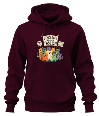 Immagine prodotto di Felpa con cappuccio "Democrats Against Fascism", con scritta sarcastica, colore bordeaux, taglia S