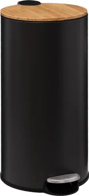 A black pedal bin with a bamboo lid and a silver pedal.