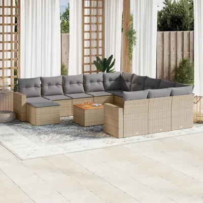 Produktbild von Design 13-tlg. Garten-Sofagarnitur mit Kissen Beige Poly Rattan, Gartensofas 2024 Neu