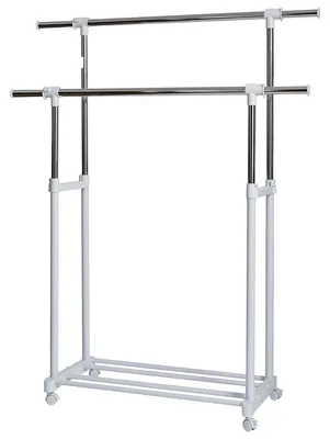 Productafbeelding van Kledingrek kledingstang op wieltjes - Uitschuifbaar - Metaal - Wit en chroom - 90-134 x 44 x 98-168 cm - Voor slaapkamer en hal