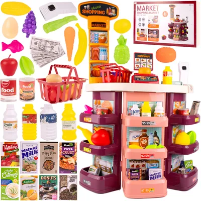 Produktbild von Malplay Shop Supermarkt für Kinder 44 Artikel, Kasse Korb Obst Flaschen ab 3 Jahren Geschenk