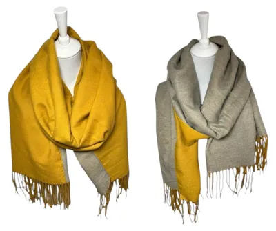 Produktbild von Winter Damen Schal mit Wendeoptik » Soft Cashmera Winterschal Doppelseitig Gelb / Hellgrau » Fransenschal 190 x 65 cm » Winter Damen Schal » Herbst / Winter Schal