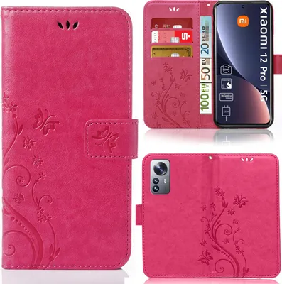 A collage of images showing a pink flip phone case with a floral and butterfly design, including a view of the inside with card slots and a phone screen.