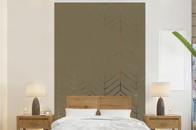 Produktbild von MuchoWow® Fototapete für Wohnzimmer oder Schlafzimmer Wandtapete Vinyl Motivtapete Muster - Grün - Linie - Gold - 200x300 cm - Wanddekorationen