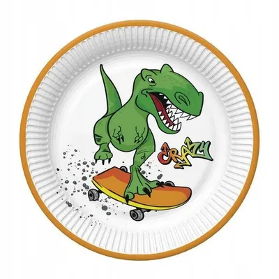 Obrázek produktu pro Papírové talířky "Crazy Dino", motiv: Šílený dinosaurus, průměr 18 cm, 8 kusů