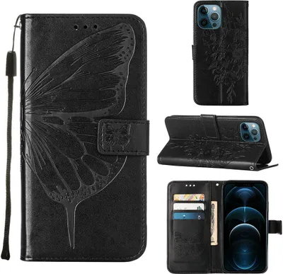 Produktbild von iPhone 12 Pro Hülle, Schmetterling Prägung Flip Leder Kartenfächer Schutzhülle Ledertasche mit Ständer für iPhone 12 Pro Schwarz