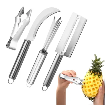 Produktbild von 4 Stück Ananasschneider Sparschäler Edelstahl,Ananas Schäler Enthält Ananasmesser,Zuckerrohrmesser,Klammer zum Entfernen der Kerne und Ananasgabel