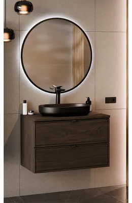 Produktbild von Badmöbel-Set 2-teilig mit LED-Spiegel & 80 cm Waschtisch mit Aufsatzbecken in Walnuss - TEMUCO-56-WALNUT