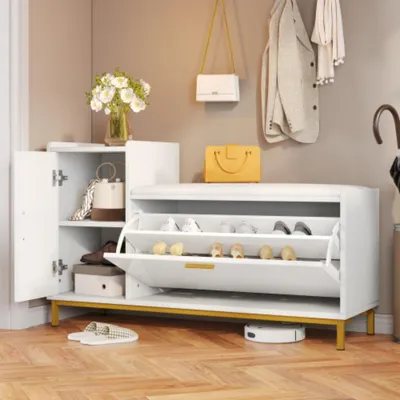 Produktbild von Schuhschrank Schuhregal mit 2 Fächern 1 Schrank, Hochglanz Schuhbänke Sitzbänke mit gepolsterter und Stauraum