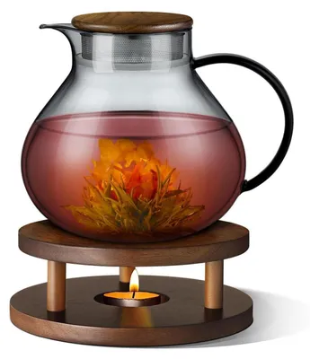 Immagine prodotto di Teiera con sottotazza, 1400 ml, vetro borosilicato, acciaio inossidabile, nero, legno