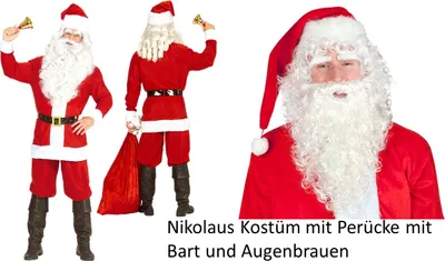 Produktbild von Klassische Weihnachtsmann Kostüm - Jacke, Hose, Gürtel, Hut - Größe M bis 3XL mit Perücke und Bart und Augenbrauen XL/XXL 54-58