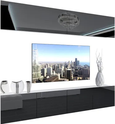 Produktbild von BELINI Wohnwand Vollausstattung Wohnzimmer-Set Moderne Schrankwand mit LED-Beleuchtung Weiß Glänzend Anbauwand TV-Schrank Schwarz Glänzend