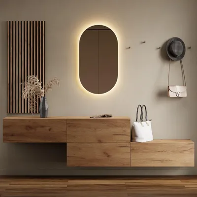 Produktbild von Flurgarderobe 2x 160 cm mit Wandpaneele und Spiegel mit LED-Beleuchtung gold eiche