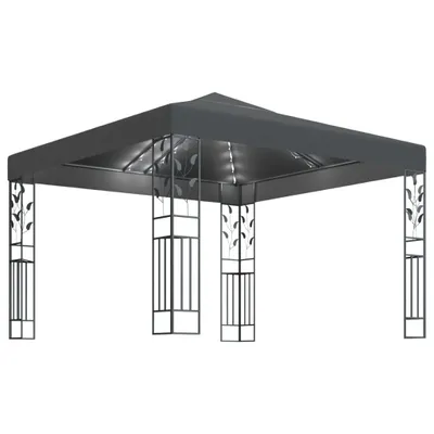 A dark gray gazebo with decorative metal legs and a dark gray roof, set against a white background.