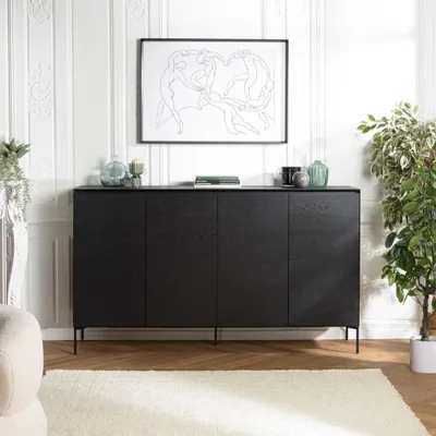 Produktbild von MAXENDRE – Schwarzes Holzsideboard mit 4 Türen und 6 Einlegeböden, schwarze Metallfüße
