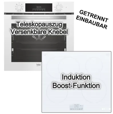 Produktbild von Herdset weiss Beko Einbaubackofen SteamShine Teleskopauszug+ Bosch Induktionskochfeld Bräterzone Booster Touch