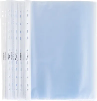 A stack of transparent plastic document protector sleeves.