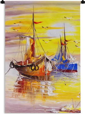 Produktbild von MuchoWow® Wandteppich Wandbehang Malerei - Boot - Wasser - Ölfarbe 90x135 cm Tapisserie Dekoration Wandtuch - Baumwolle - Wandskulptur