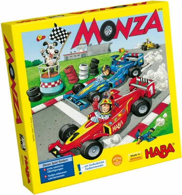 The image shows the colorful packaging of the board game Monza, featuring cartoon racing cars and a dog with a checkered flag.